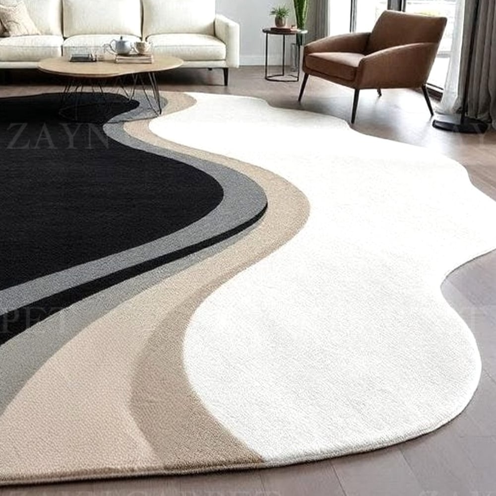 Handcrafted Black White Wave Living Room Rug